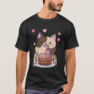 Kids Chubby Cat Holding A Birthday Cake 8th Year B T-Shirt