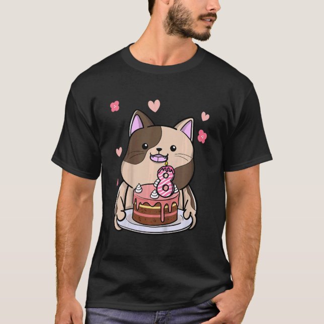 Kids Chubby Cat Holding A Birthday Cake 8th Year B T-Shirt (Front)