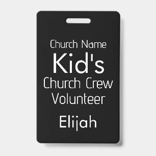 KIDS Church Crew Volunteer Black White Name Badge