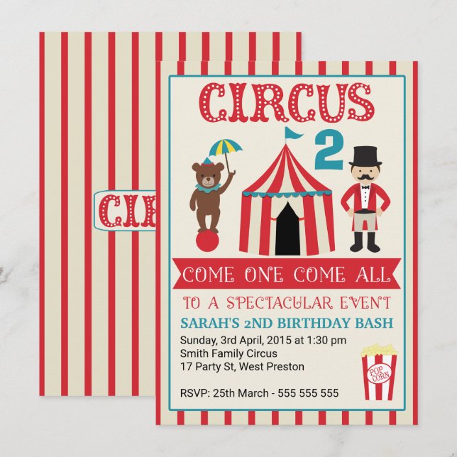 Kids Circus Birthday Party Invitation (Front/Back)