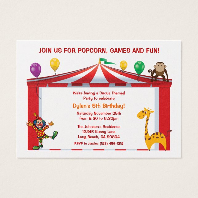 Kids Circus Birthday Party Invitations (Front)