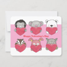 Kids Class Valentine Animal Hearts Flat Card