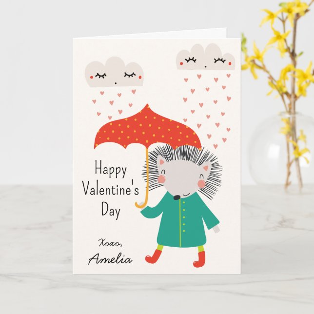 Kids Classroom Cute Hedgehog Valentine's Day Card (Yellow Flower)