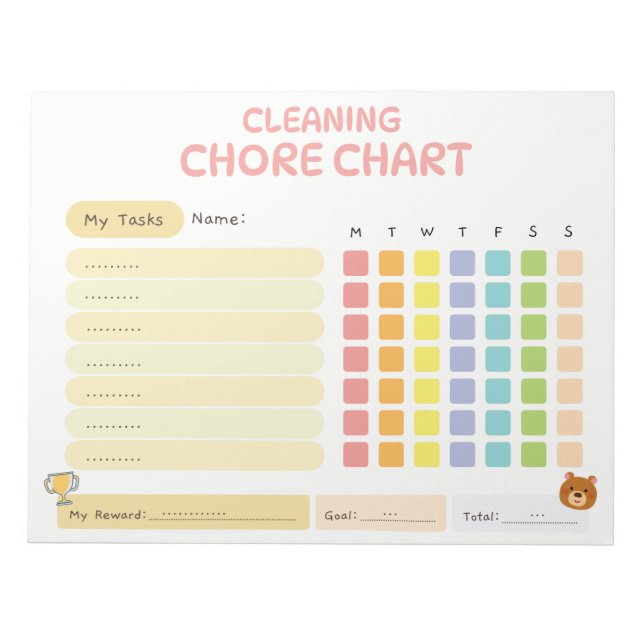 Kids Cleaning Chore Chart Weekly Reward Tracker Notepad (Front)