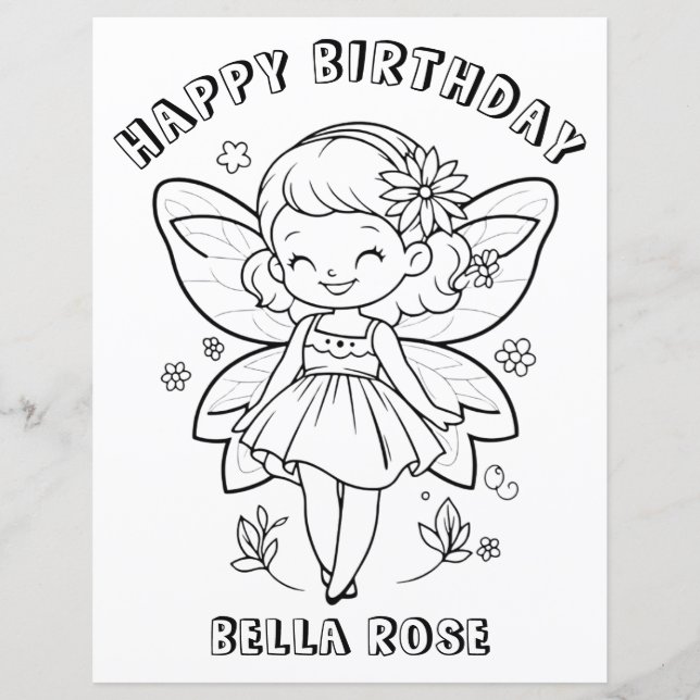 Kids Coloring book fairy birthday party activity (Front)