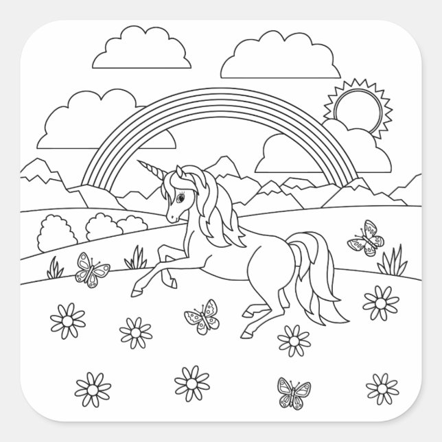 Kids Colour Me Unicorn Rainbow Square Sticker (Front)