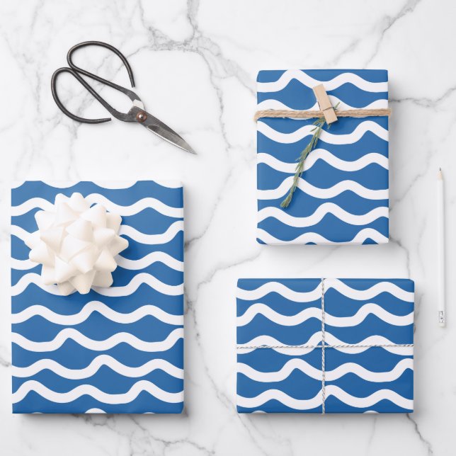 Kids Colourful Blue & White Wavy Lines  Wrapping Paper Sheet (Front)