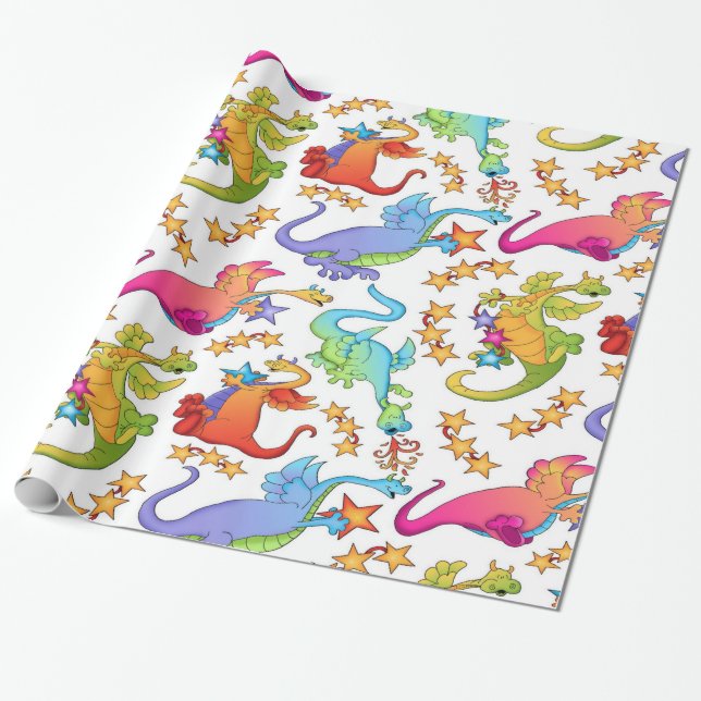 Kids Colourful Dragons Gift Wrapping paper (Unrolled)