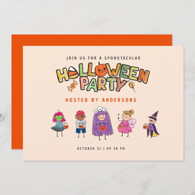 Kids Colourful Halloween Costume Party Invitation (Front/Back)