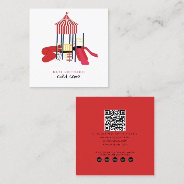 Kids Colourful Playground Childcare Teacher Square Business Card (Front/Back)