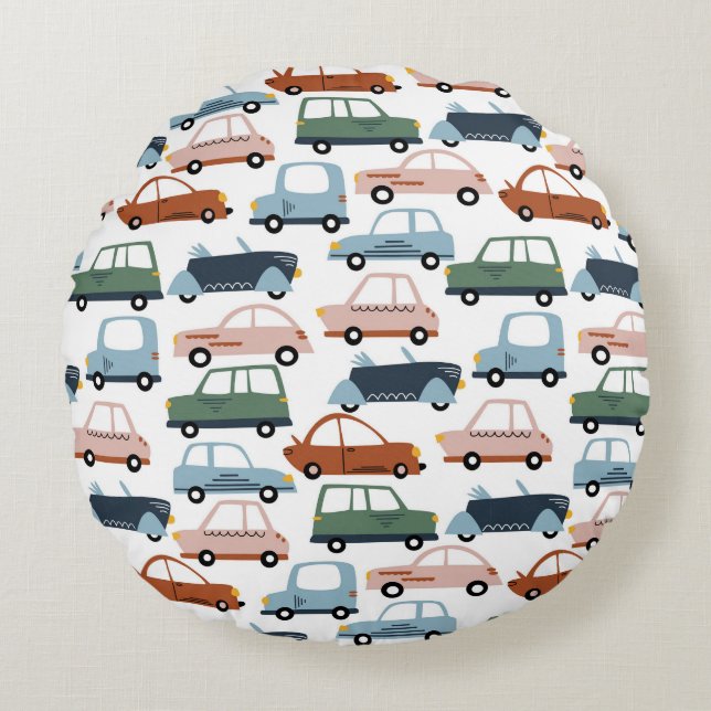 Kids Colourful Retro Car and Truck Pattern Round Pillow (Front)
