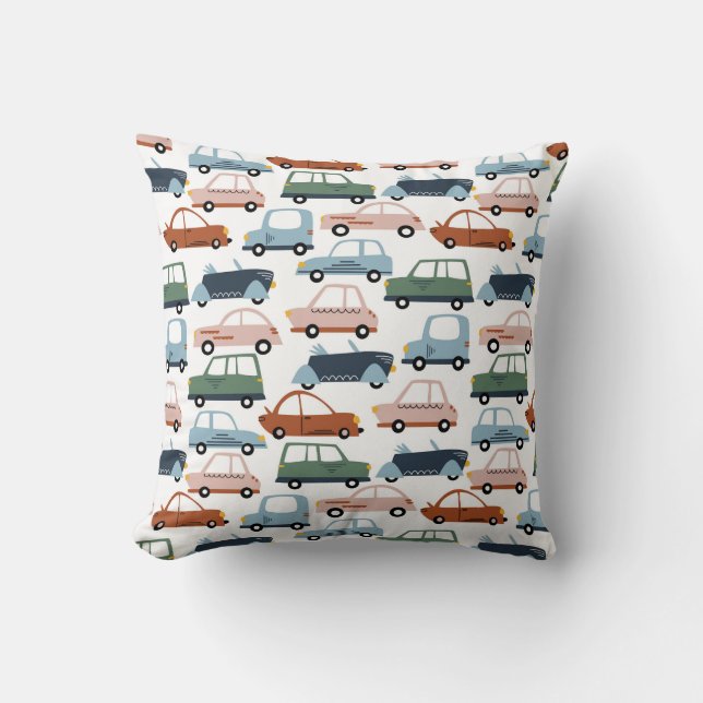 Kids Colourful Retro Car and Truck Pattern Throw Pillow (Front)