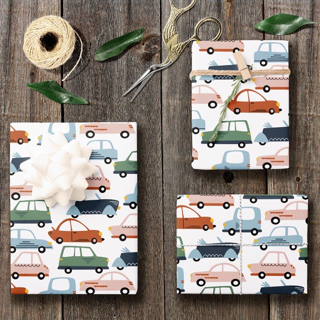Kids Colourful Retro Car and Truck Pattern Wrapping Paper Sheet (Creator Uploaded)