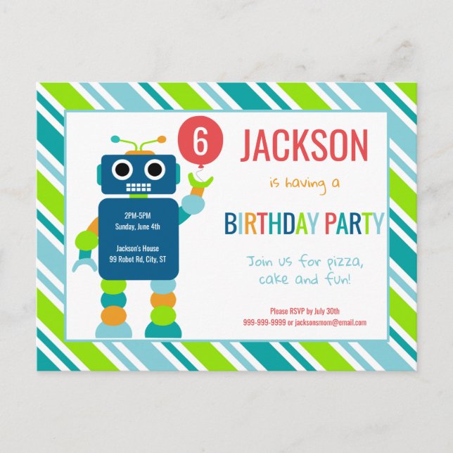Kids Colourful Robot Birthday Invitation Postcard (Front)