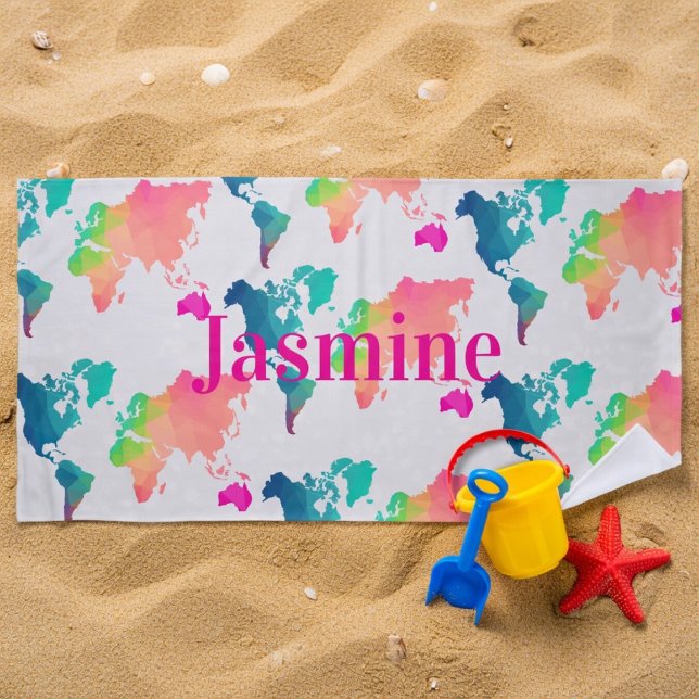 Kids Colourful World Map Personalized Name Monogra Beach Towel (Creator Uploaded)