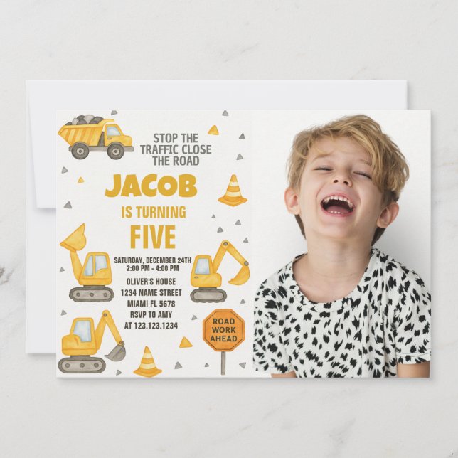 Kids Construction Birthday Invitation with photo (Front)