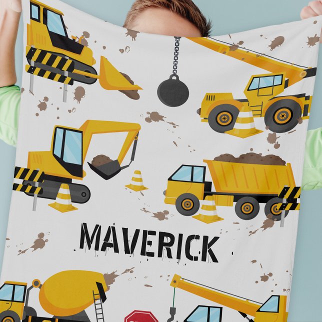 Kids Construction Boys Personalized Name Fleece Blanket (Creator Uploaded)