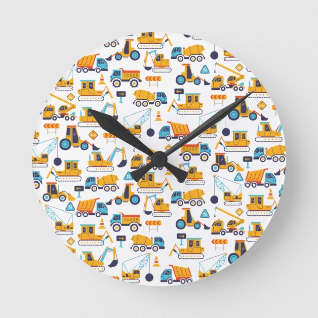 Kids Construction Dump Trucks Vehicle Pattern Round Clock (Front)