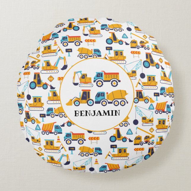 Kids Construction Dump Trucks Vehicle Personalized Round Pillow (Front)