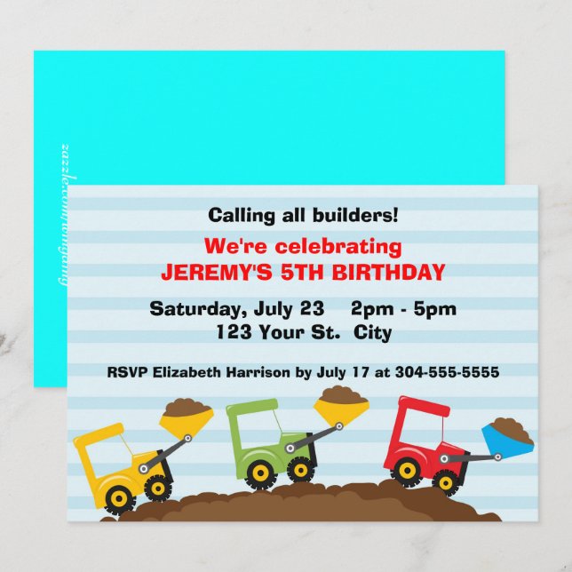 Kids Construction Site Birthday Invitation (Front/Back)