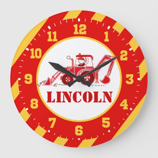 Kids construction tractor red digger wall clock (Front)