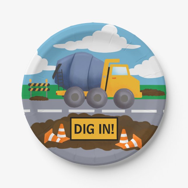 Kid's Construction Truck Birthday Party Paper Plate (Front)