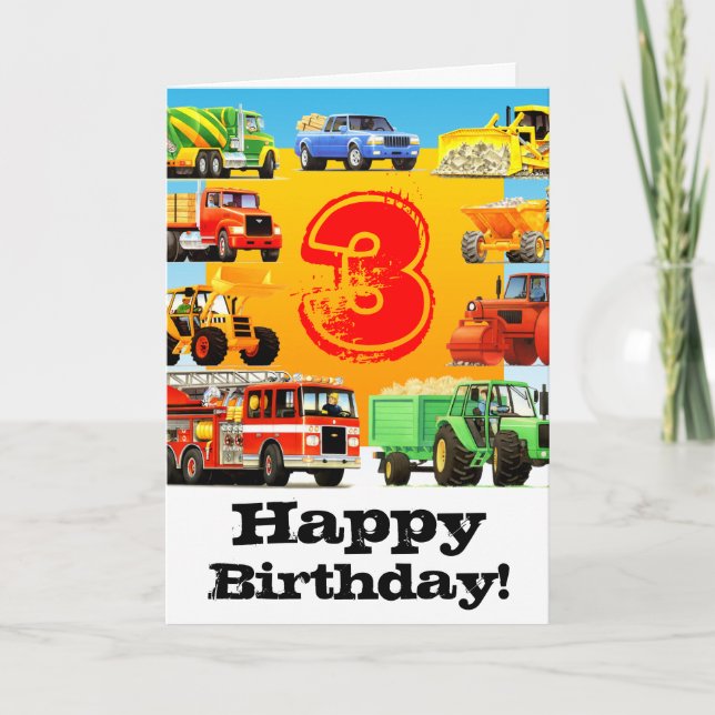 Kid's Construction Truck Happy 3rd Birthday Card (Front)