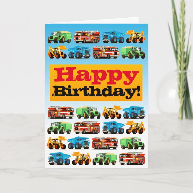 Kids Construction Trucks Happy Birthday Card (Front)