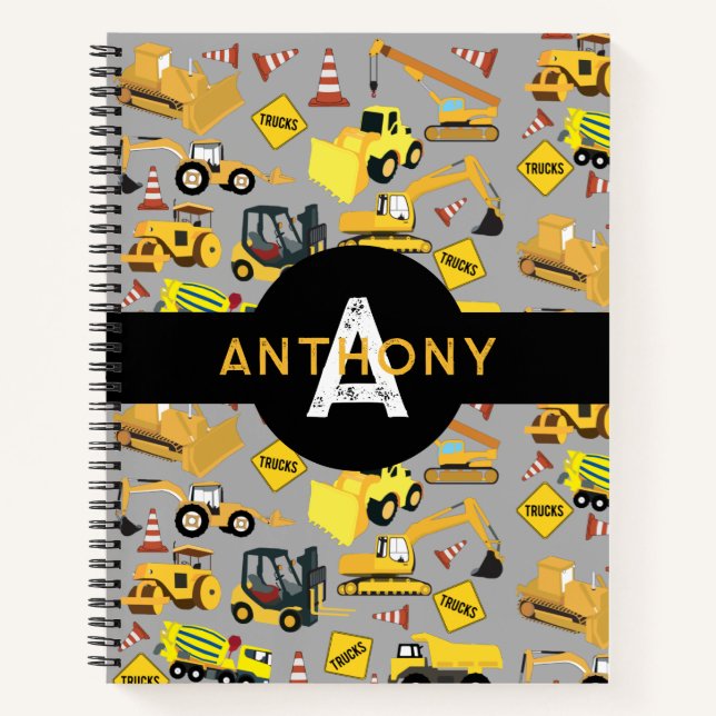 Kids Construction Trucks Pattern Monogram Name Notebook (Front)