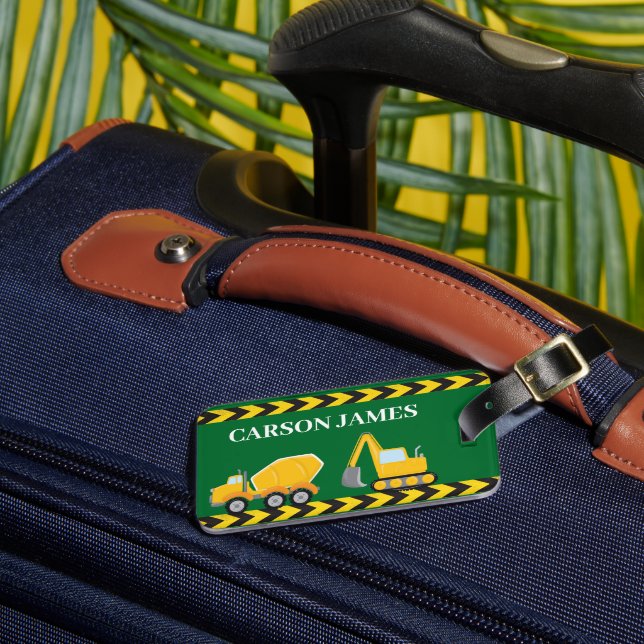 Kids Construction Trucks Personalized Green Boys Luggage Tag (Front Insitu 3)