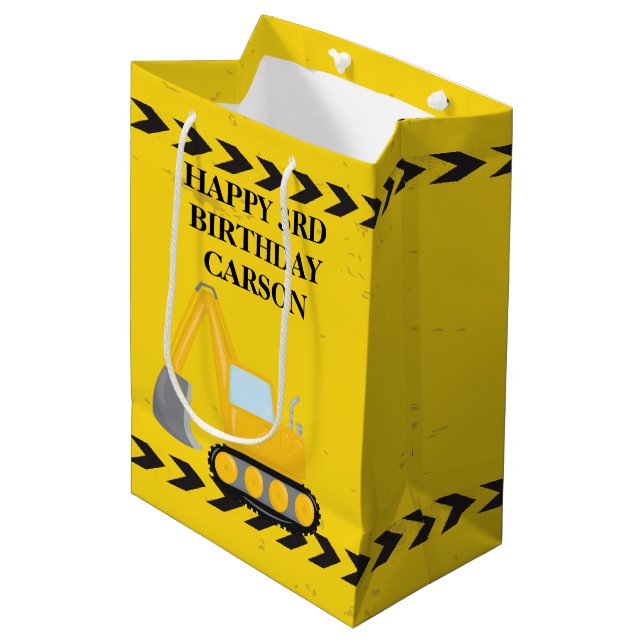 Kids Construction Vehicle Custom Boys Birthday Medium Gift Bag (Front Angled)