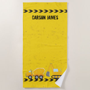 Kids Construction Vehicle Custom Yellow Boys Beach Towel
