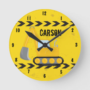 Kids Construction Vehicle Custom Yellow Boys Room Round Clock
