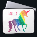 Kids Cool Colourful Watercolor Rainbow Unicorn Laptop Sleeve<br><div class="desc">Cool Rainbow Watercolor Unicorn Pretty Kids Laptop Neoprene Case. Personalize this fun and colourful unicorn gift in bright pink font. Silhouette of unicorn in a rainbow of watercolor brushstrokes of red, orange, yellow, green, blue and purple. White background lets the bright colours stand out beautifully. Fun gift for kids, tweens,...</div>