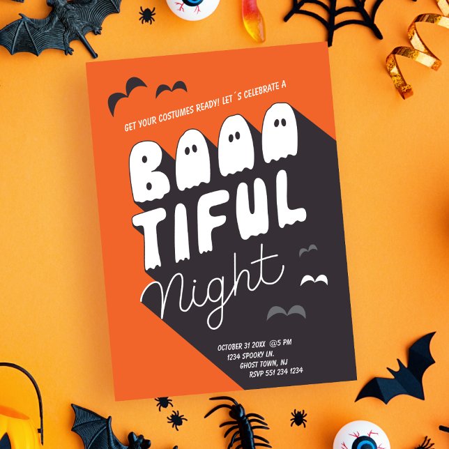 Kids Costume Halloween Party Invitation (Costumes Kids Halloween Party Invitation in ghostly typography for a boo-tiful night)