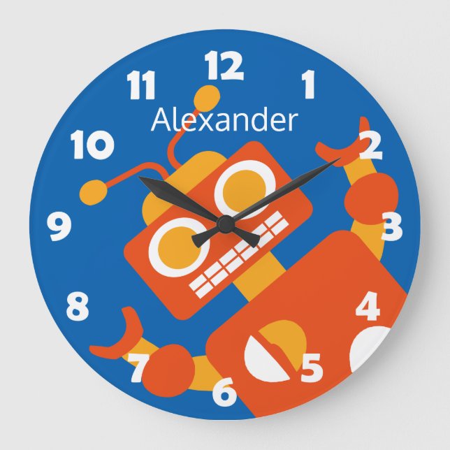 Kids Crazy Orange Robot Personalized Cool Blue Large Clock (Front)