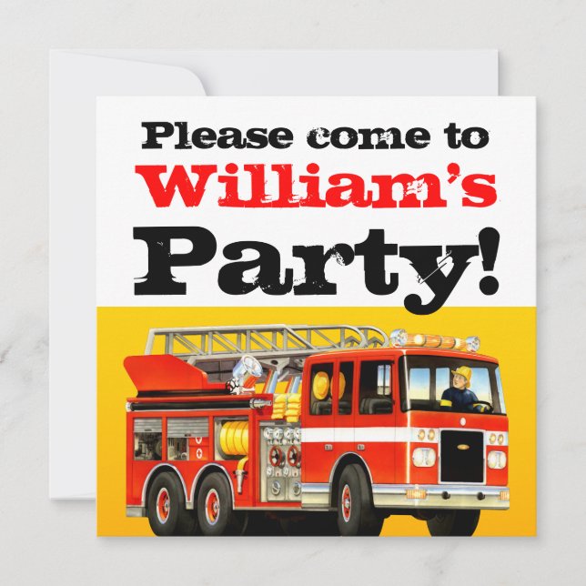 Kid's Custom 3rd Birthday Fire Truck Party Invitation (Front)