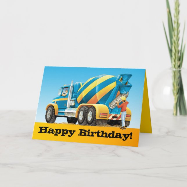 Kids Custom Concrete Mixer Truck Happy Birthday Card (Front)