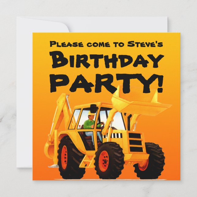 Kid's Custom Construction Party Yellow Digger Invitation (Front)