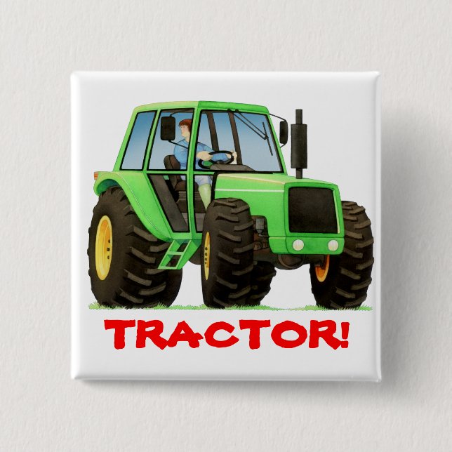 Kids Custom Green Tractor 2 Inch Square Button (Front)