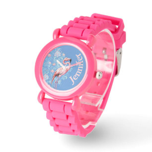 Kids Custom Name Pink Flamingo Watch