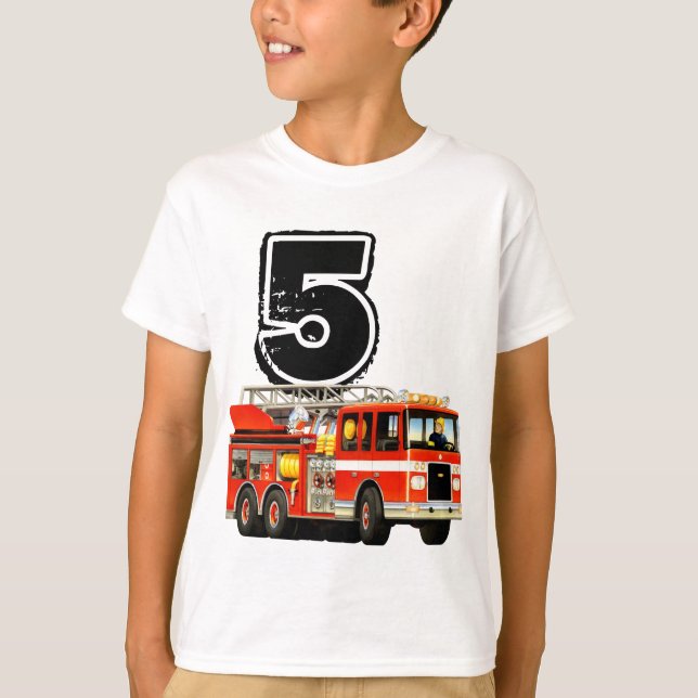 Kids Custom Red Fire Truck 5th Birthday T-Shirt (Front)