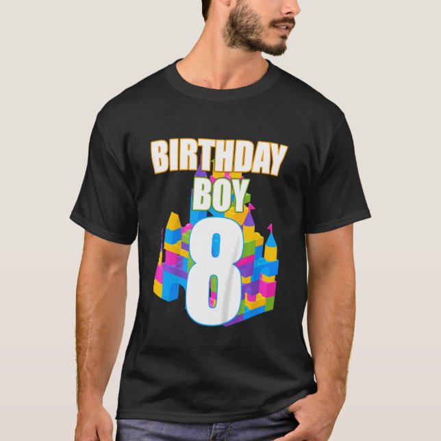 Kids Cute 8th Birthday  8 Years Old Block Building T-Shirt (Front)