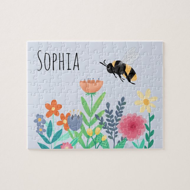 Kids Cute and Whimsical Bumblebee Bee and Flowers Jigsaw Puzzle (Horizontal)