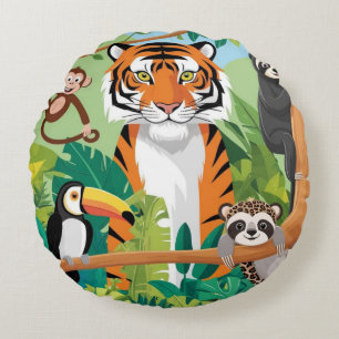 Kids Cute Animals Jungle Tiger Monkey Bird Round Pillow