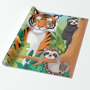Kids Cute Animals Jungle Tiger Monkey Decoupage Wrapping Paper