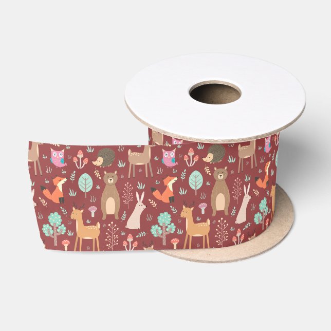 Kids Cute Animals Red Deer Rabbit Bear Fox Owl Satin Ribbon (Spool)