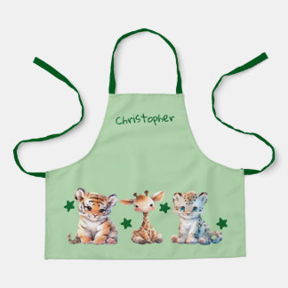 Kid's cute animals stars add name green apron