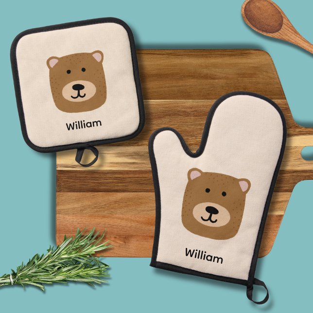 Kids Cute BearOven Mitt and Pot Holders Oven Mitt & Pot Holder Set (Brown bear kids oven glove mitt set beige with personalized name)
