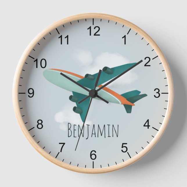 Kids Cute Blue Airplane Travel Baby Boy Nursery Clock (Front)